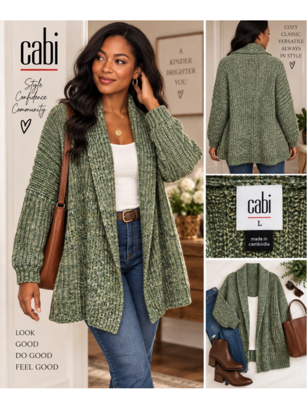 Cabi Green Marled Shawl Collar Open Front Cardigan Sweater Size L